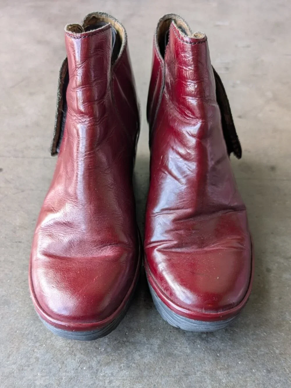 Fly London Yogi Leather Wedge Ankle Boots in Burgundy Red size 40